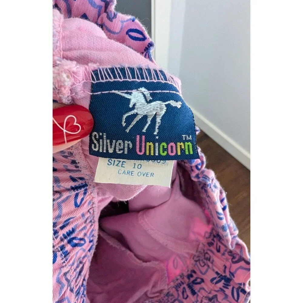 Vintage 80's Silver Unicorn Kid's High Waist Pink & Blue Floral Pull On Pants 10